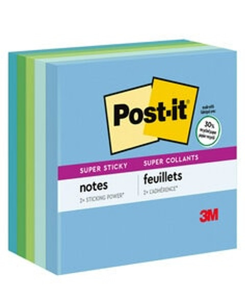 Post-it® Super Sticky Recycled Notes 654-5SST, 3 in x 3 in (76 mm x 76 mm), Oasis Collection