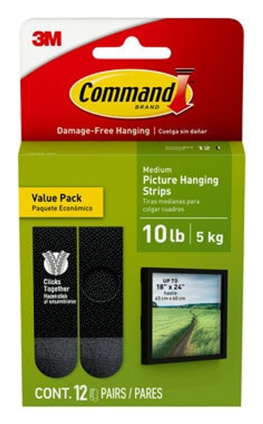 Command™ 10 lb Black Picture Hanging Strips 17204BLK-12ES, Value Pack, 12 Pairs
