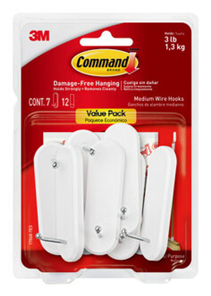 Command™ Medium Wire Hooks, Value Pack 7 hooks, 12 strips, 17068-7ES.