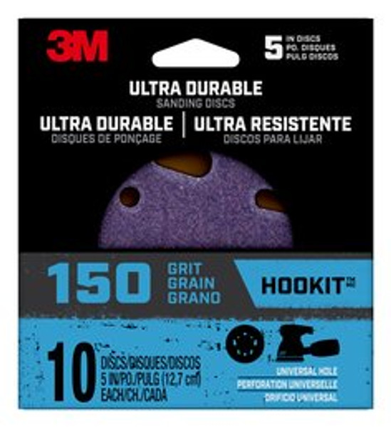 3M™ Ultra Durable 5 inch Power Sanding Discs, Universal Hole, 150 grit,
Disc5in10pk150, 10/pk, 12pks/cs