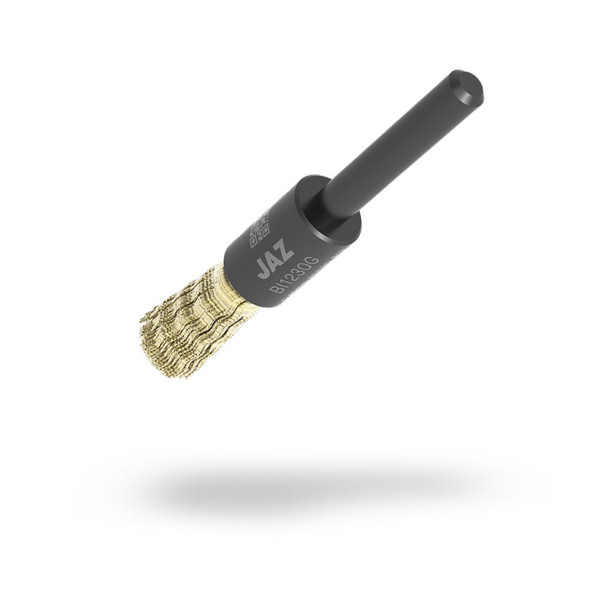 JAZ 10190 1/2" Angle Cut Crimped Wire End Brush, .012" Brass, 1-3/16" Trim Length, 1/4" Shank, Bulk Package