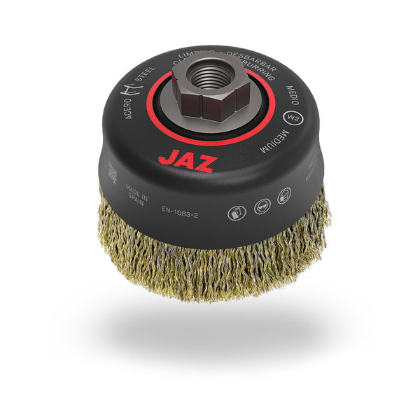 JAZ 65012 5" HP Cable-Crimped Wire Cup Brush, (3x.008" + 6x.014") Steel, 5/8"-11 Thread, Display Package