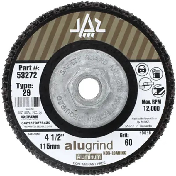 JAZ 53272 ALUGRIND Type 29 Standard Density Flap Disc, 4-1/2" x 5/8"-11 Thread, 60 Grit Alugrind, Bulk Package