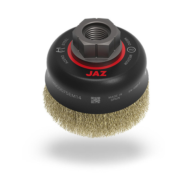 JAZ 73001 3" Crimped Wire Cup Brush, .012" Steel, M10 x 1.25 & M10 x 1.50 Thread, Clamshell Package