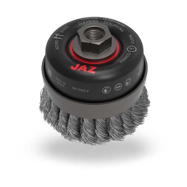 JAZ 55282 5" Twist Knot Wire Cup Brush, Double Row, w/Metal Ring, .020" 302 Stainless Steel, 5/8"-11 Thread, Display Package