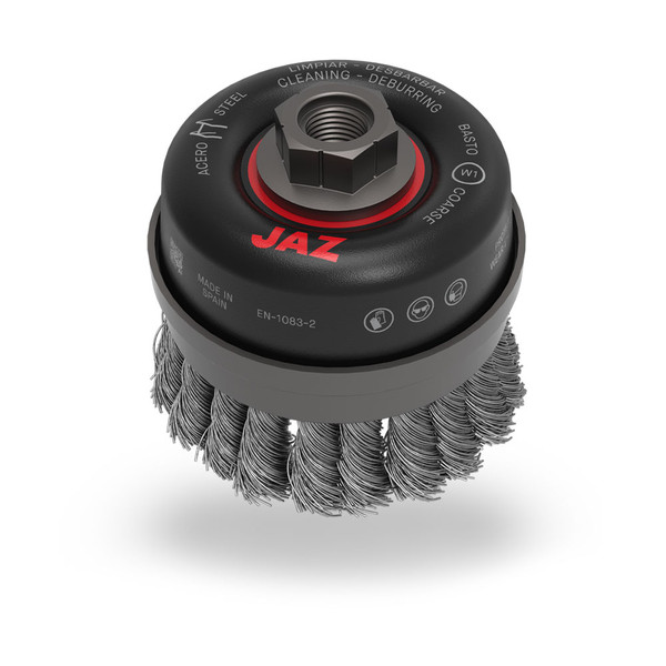 JAZ 54062 4" Twist Knot Wire Cup Brush, w/Metal Ring, .015" Steel, 5/8"-11 Thread, Display Package