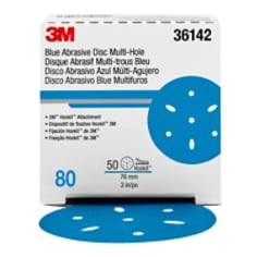 3M Hookit Blue Abrasive Disc 321U, 36142, 3", 80, Multi-hole, 50 Discs per carton, 4 Cartons per case