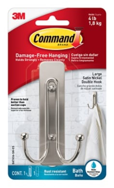 Command Large Double Bath Hook, Satin Nickel, BATH36-SN-ES
