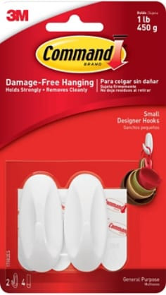 Command Small Designer Hooks 17082, White, 2 per packk, 6 Packs per bag, 6 Bags per case