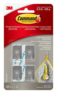 Command Small Stainless Steel Metal Hooks 17031SS-4ESF, 4 Hooks, 5 Strips