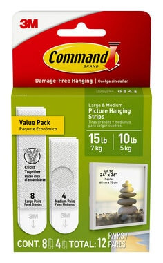 Command 10 Lb and 15 Lb White Picture Hanging Strips Value Pack 17209-ES, 12 Pairs