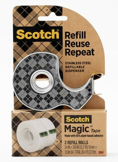 Scotch Stainless Steel Dispenser Starter Pack with Magic 66% Plant-Based Adhesive Tape 123R, 0.75" x 550" (19mmx13.9mm)