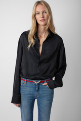 Women's Designer Black Satin Dress Shirt