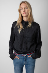 Women's Designer Black Satin Dress Shirt