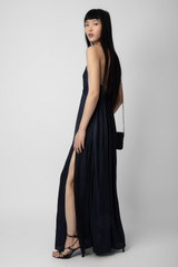 Women's Designer Navy Satin Maxi Dress