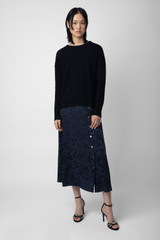 Zadig & Voltaire Womens Designer Navy Silk Mid Length Skirt with Buttons
