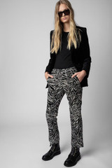 Zadig & Voltaire Womens Designer Black Velvet Pant with Glitter Tiger Print