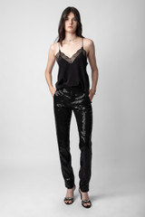 Zadig & Voltaire Womens Designer Tailored Black Sequinned Pants with Zipped Hem Feature