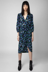 Zadig & Voltaire Womens Designer Blue Silk Midi Wrap Dress with Floral Print