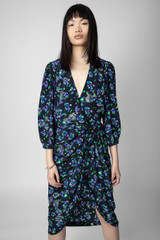 Zadig & Voltaire Womens Designer Blue Silk Midi Wrap Dress with Floral Print