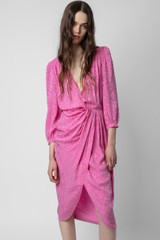 Zadig & Voltaire Womens Designer Pink Silk Midi Wrap Dress with Leopard Print