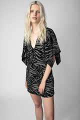 Zadig & Voltaire Womens Designer Black Velvet Mini Dress with Glitter Tiger Pattern