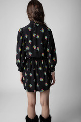 Zadig & Voltaire Womens Designer Black Silk Mini Dress with Crystal Embellished Floral Motifs
