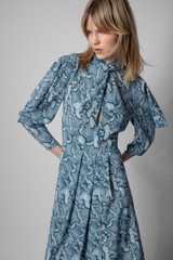 Zadig & Voltaire Womens Designer Blue Silk Midi Dress with Snake Print