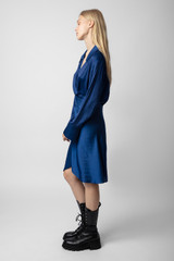 Zadig & Voltaire Womens Designer Blue Satin Midi Dress with Long Sleeves