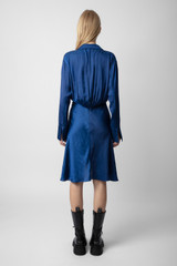 Zadig & Voltaire Womens Designer Blue Satin Midi Dress with Long Sleeves