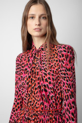 Zadig & Voltaire Womens Designer Pink Silk Mini Dress with Long Sleeves and Leopard Print