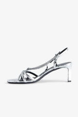 Zadig & Voltaire Womens Designer Metallic Silver Leather Sandal with Heel and Chain Detail
