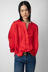 Zadig & Voltaire Womens Designer Red Satin Blouse with Round Neckline