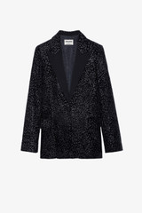 Zadig & Voltaire Womens Designer Black Velvet Glitter Tailored Blazer with Motif