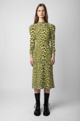 Zadig & Voltaire Womens Designer Midi Silk Dress with Long Sleeves in Yellow with Leopard Print
