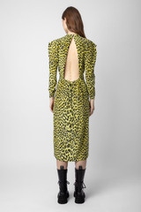 Zadig & Voltaire Womens Designer Midi Silk Dress with Long Sleeves in Yellow with Leopard Print