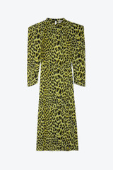 Zadig & Voltaire Womens Designer Midi Silk Dress with Long Sleeves in Yellow with Leopard Print