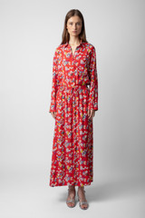 Zadig & Voltaire Womens Designer Maxi Dress in Red with Floral Print and Collar