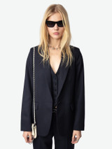 Womens Designer Navy Wool Tailored Suit Jacket with Pointed Collar