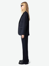 Womens Designer Navy Wool Tailored Suit Jacket with Pointed Collar