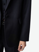 Womens Designer Navy Wool Tailored Suit Jacket with Pointed Collar