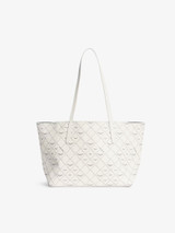 Womens Designer Large White Monogrammed Tote Bag with Long Strap and Wing Motif