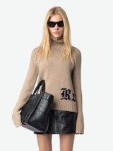 Womens Designer Cashmere High Neck Sweater in Oatmeal with Ribbed Edges and Rock Jacquard Intarsia