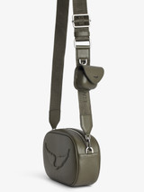 Womens Designer Khaki Green Camera Bag with Adjustable Strap and Embossed Wing Detail, and Attachable Earphone Case