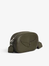 Womens Designer Khaki Green Camera Bag with Adjustable Strap and Embossed Wing Detail, and Attachable Earphone Case