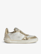 Womens Designer Low Top Gold and White Leather Sneaker with Star and Wing Details