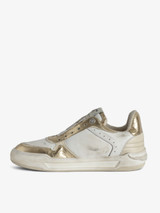 Womens Designer Low Top Gold and White Leather Sneaker with Star and Wing Details