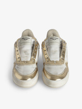 Womens Designer Low Top Gold and White Leather Sneaker with Star and Wing Details