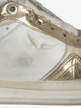 Womens Designer Low Top Gold and White Leather Sneaker with Star and Wing Details