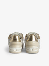 Womens Designer Low Top Gold and White Leather Sneaker with Star and Wing Details